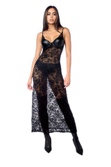 Mapale Rebel Misfit Lace Maxi Night Gown Faux Leather Cups Black