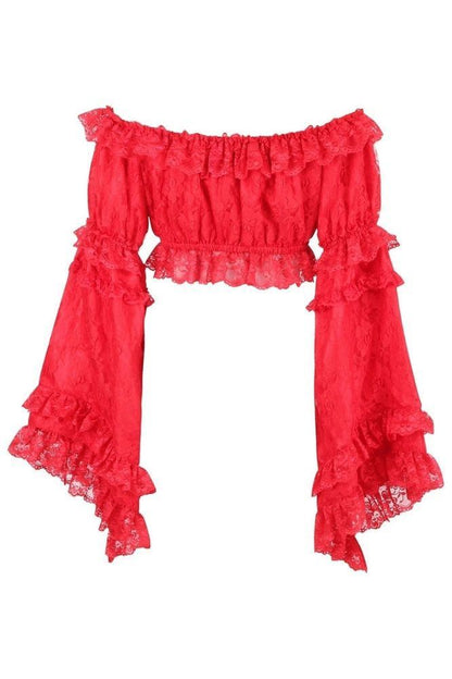 Red Lace Smocked Flare Sleeve Peasant Top - Daisy Corsets