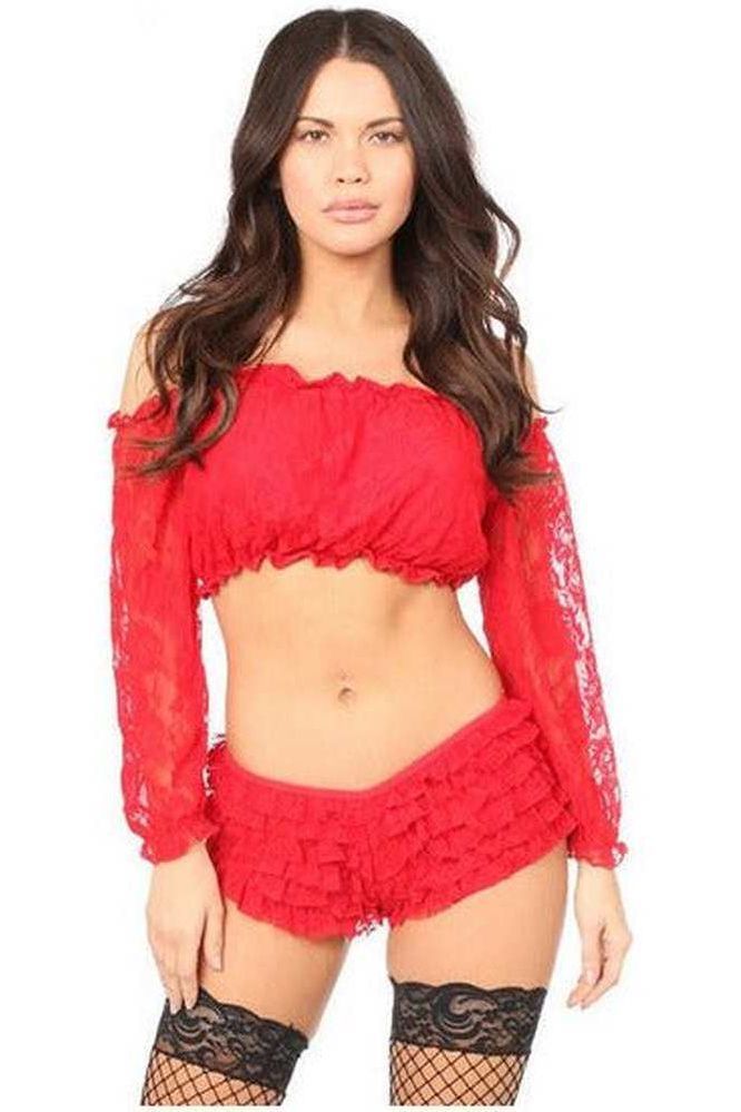 Daisy Corsets Red Lined Lace Long Sleeve Peasant Top