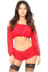 Daisy Corsets Red Lined Lace Long Sleeve Peasant Top