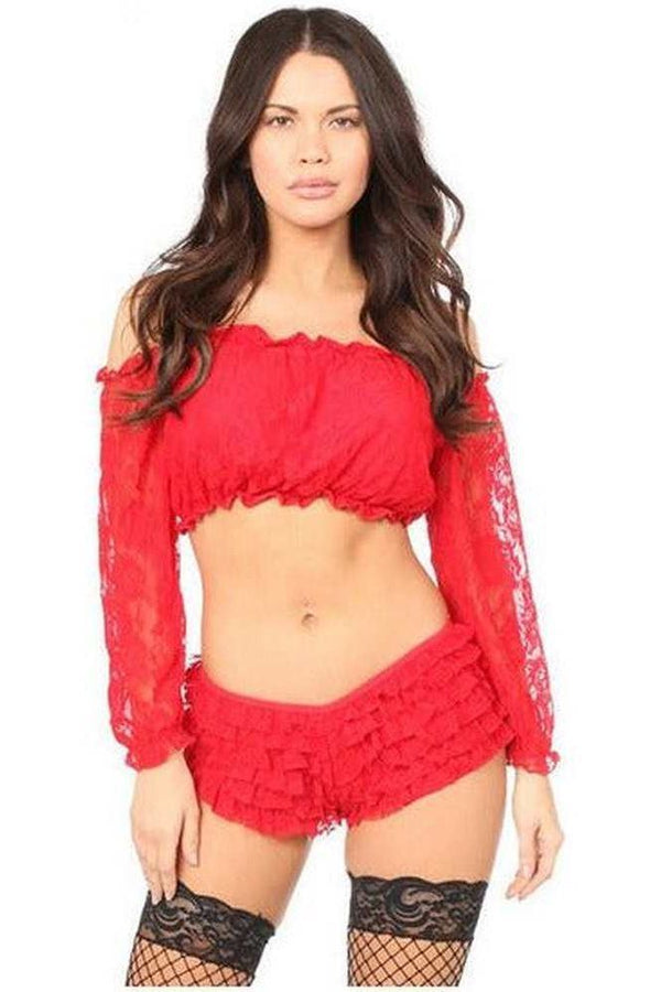 Daisy Corsets Red Lined Lace Long Sleeve Peasant Top