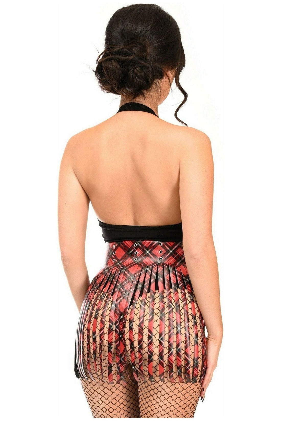 Daisy Corsets Red Plaid Faux Leather Fringe Skirt