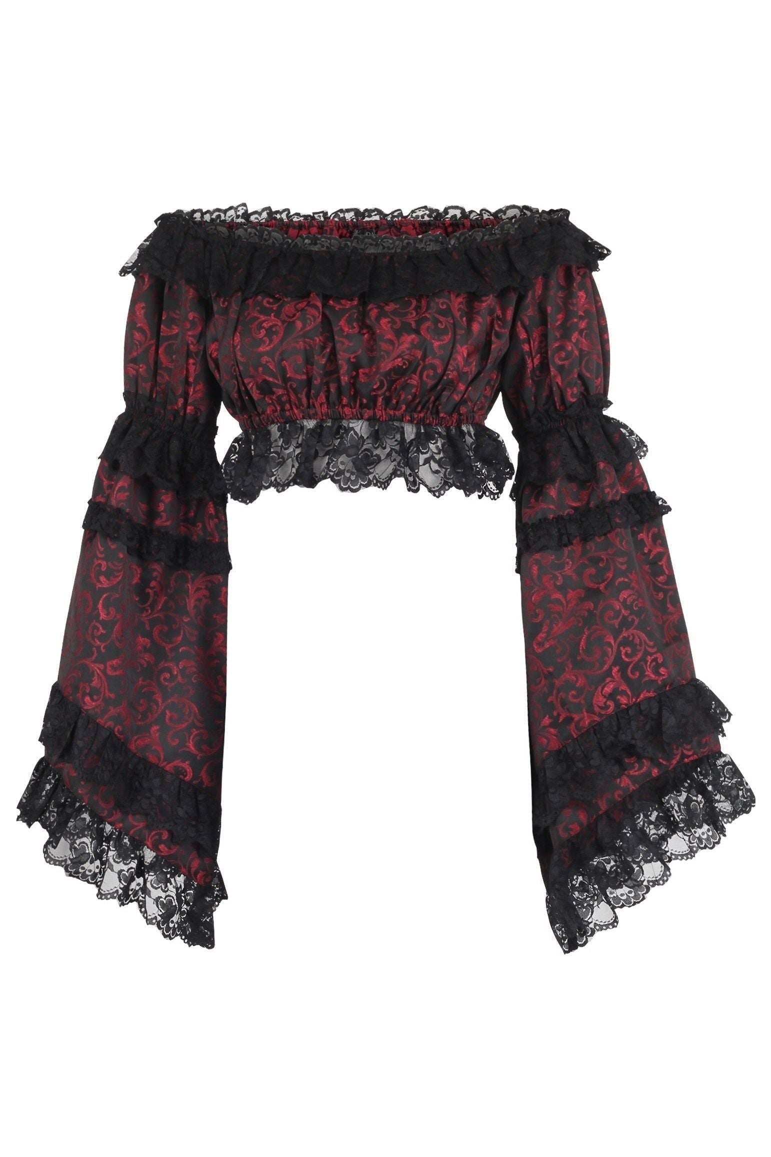 Red/Black Brocade Smocked Flare Sleeve Peasant Top - Daisy Corsets