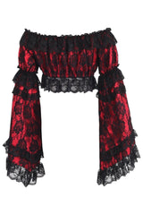 Red/Black Lace Smocked Flare Sleeve Peasant Top - Daisy Corsets