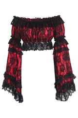 Red/Black Lace Smocked Flare Sleeve Peasant Top - Daisy Corsets