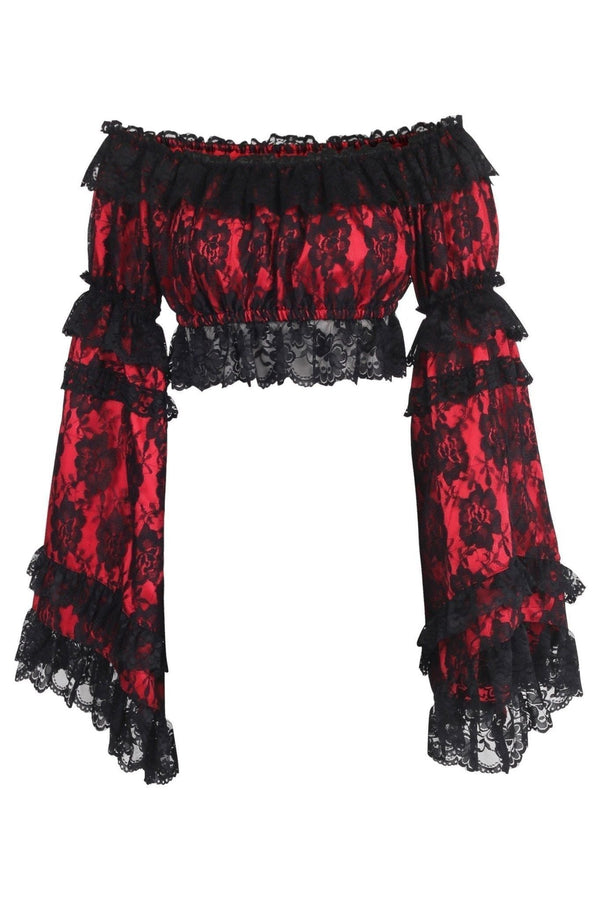 Daisy Corsets Red/Black Lace Smocked Flare Sleeve Peasant Top