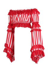 Daisy Corsets Red/White Striped Smocked Flare Sleeve Peasant Top