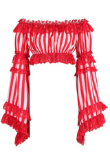 Daisy Corsets Red/White Striped Smocked Flare Sleeve Peasant Top