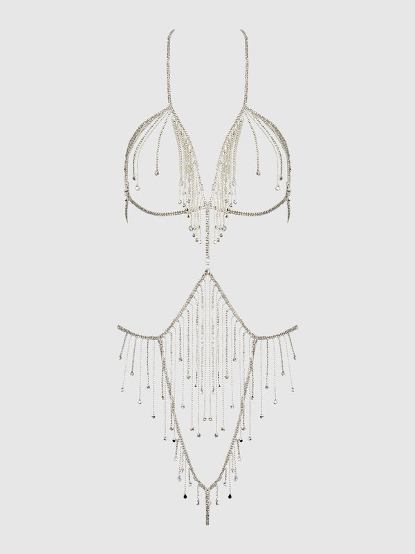 House of Desire Rhinestone Dangle Fringe Teddy Silver