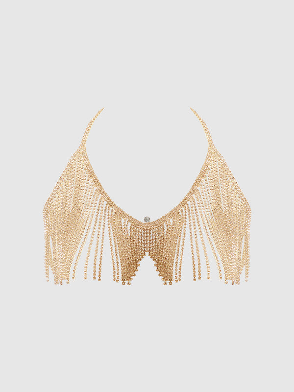 House of Desire Rhinestone Dangle V-Neck Bra Gold