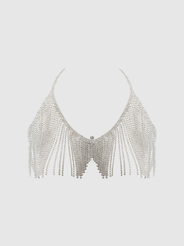 House of Desire Rhinestone Dangle V-Neck Bra Silver