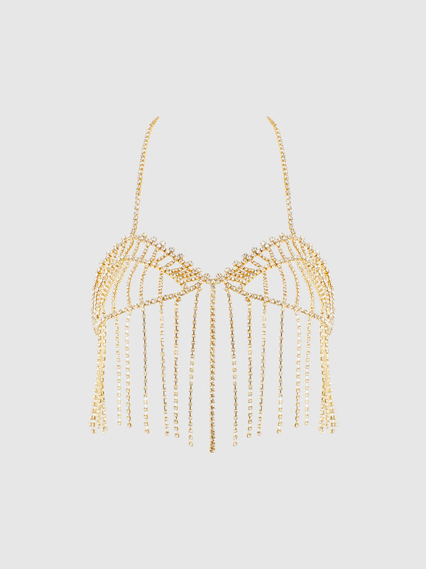 House of Desire Rhinestone Fringe Cropped Cami Top Gold