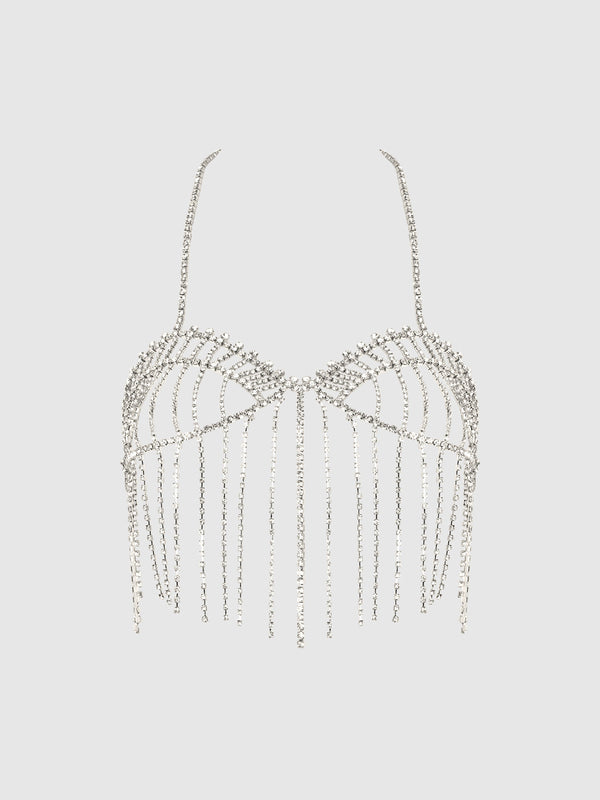 House of Desire Rhinestone Fringe Cropped Cami Top Silver