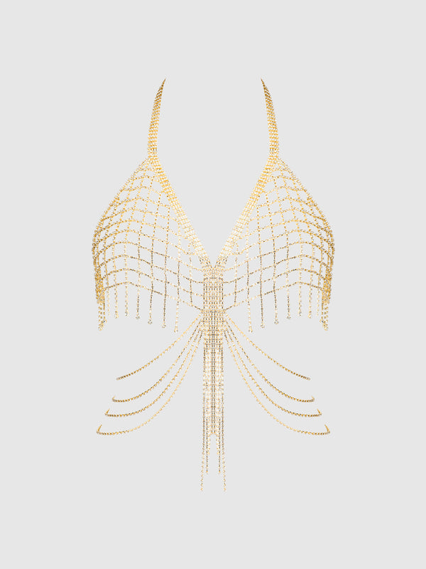 House of Desire Rhinestone Net & Fringe Halter Bralette
