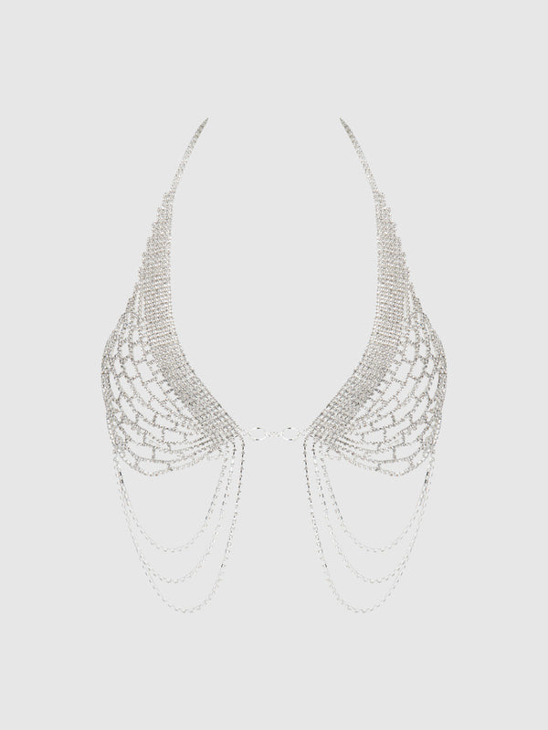 House of Desire Rhinestone Net Halter Bra with Openable Front Silver