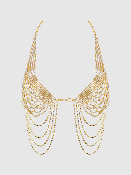 House of Desire Rhinestone Net Halter with Openable Front Gold