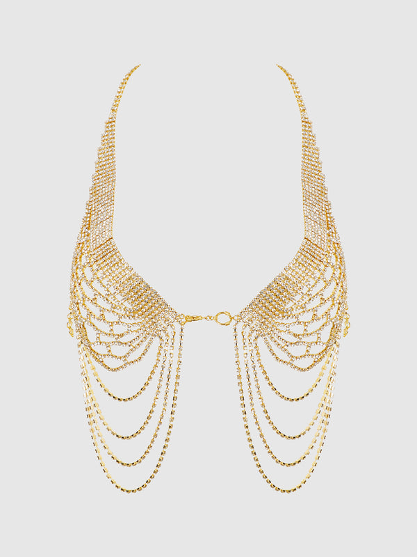 House of Desire Rhinestone Net Halter with Openable Front Gold