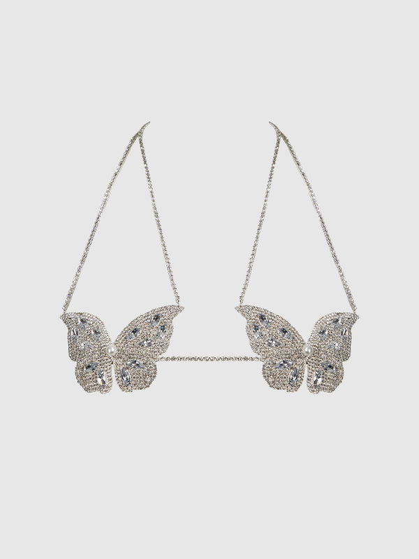 House of Desire Rhinestone & Pearl Butterfly Bralette Silver