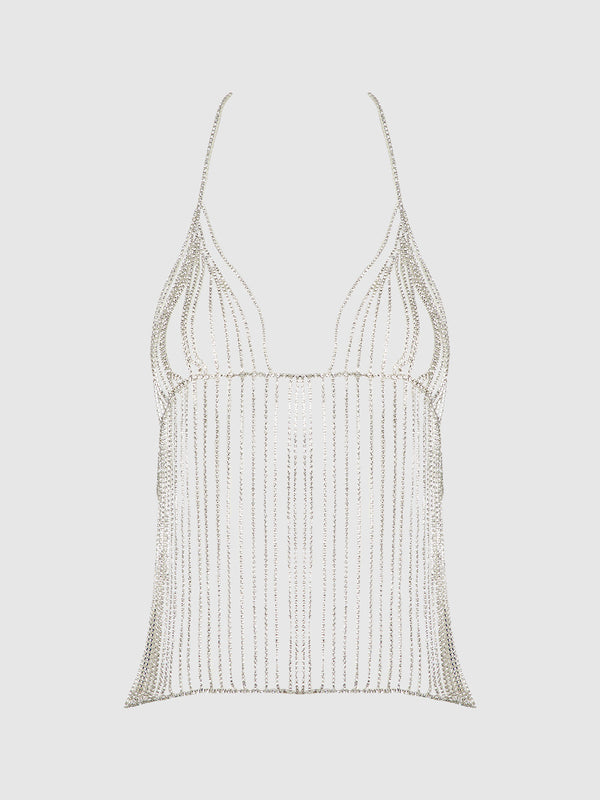 House of Desire Rhinestone Plunge Cami Silver