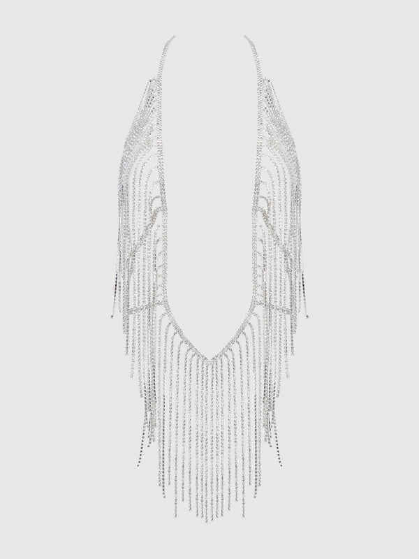 House of Desire Rhinestone Plunge & Fringe Teddy Silver