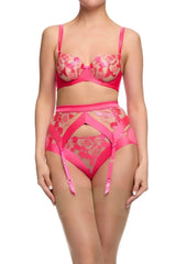 Rosabelle unlined bra and high-waisted garter in Pink Pizazz with rose embroidery and satin panelling.