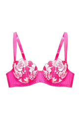 Rosabelle Unlined Bra in Pink Pizazz with dramatic rose embroidery and curved satin panelling.