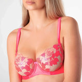 Rosabelle Unlined Bra in Pink Pizazz with dramatic rose embroidery and art deco satin panelling.