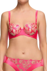 Rosabelle unlined bra in Pink Pizazz with rose embroidery, satin panelling, and a tuxedo bow.