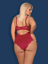 Rosalyne wine teddy with elegant lace trim, sexy open back, adjustable straps, and padded bra cups.