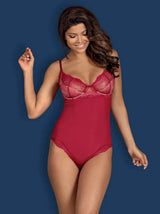 Rosalyne wine teddy with padded lace bra cups, adjustable straps, and elegant lace trim.