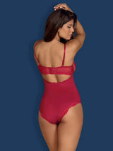 Rosalyne wine teddy with elegant lace details, adjustable straps, and a sexy open back.