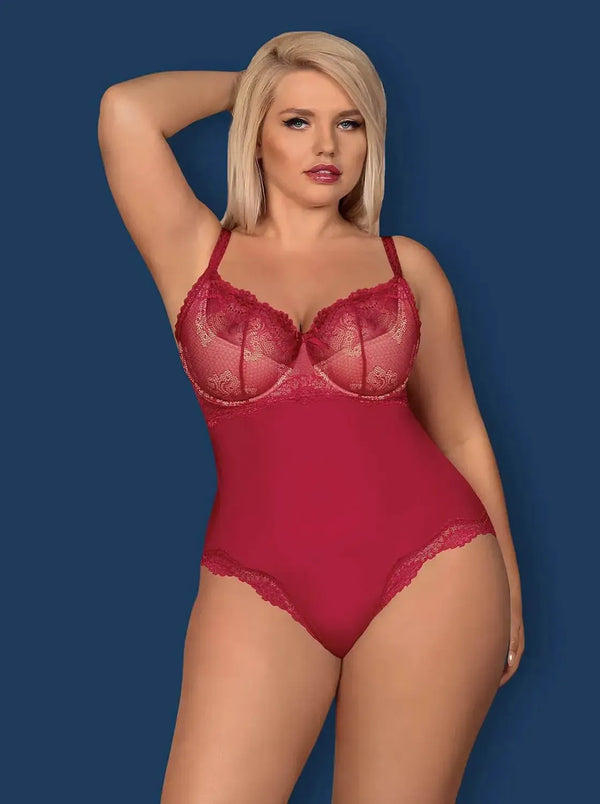 Rosalyne wine teddy with padded lace bra cups, adjustable straps, and elegant lace trim.