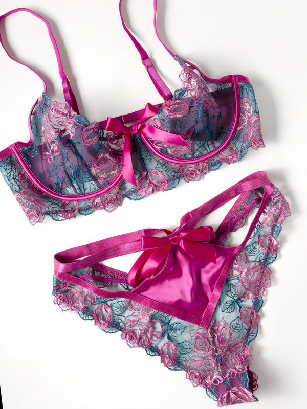 Rosie Floral Rose Embroidery Underwire Bra Set