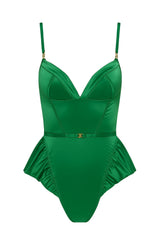 Roma Confidential Green Satin Bodysuit Peplum Teddy Bodysuit Large