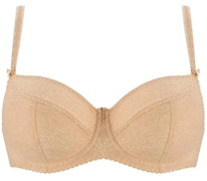 Elegant beige Sandy semi-padded bra with openwork lace, floral pattern, and delicate bows.
