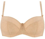 Elegant beige Sandy semi-padded bra with openwork lace, floral pattern, and delicate bows.