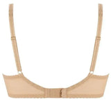 Elegant beige Sandy semi-padded bra with openwork lace, adjustable straps, and hook-and-eye closure.