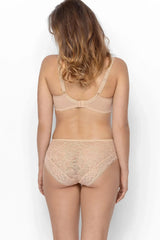 Elegant beige Sandy semi-padded bra and matching lace briefs, featuring openwork floral lace.