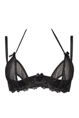 Axami Satellite quarter cup shelf bra: black tulle with gold flecks, lace trim, and sensual cutouts.