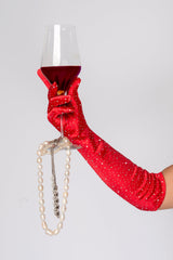 Mapale Satin Rhinestone Opera Gloves Red