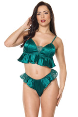 Coquette Satin Ruffle Peplum Bralette Sleep Set