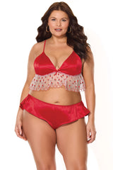 Coquette Satin Ruffle Peplum Bralette Sleep Set Strawberry