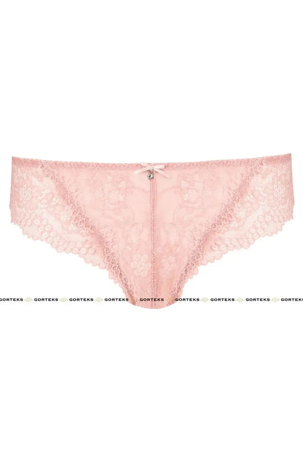 Sensual powder pink lace briefs with a delicate ribbon bow and shiny embellishment.