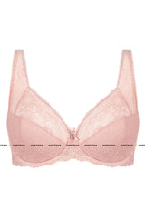 Sexy powder pink lace plunge bra B3 with floral pattern, ribbon bow, and shiny embellishment.