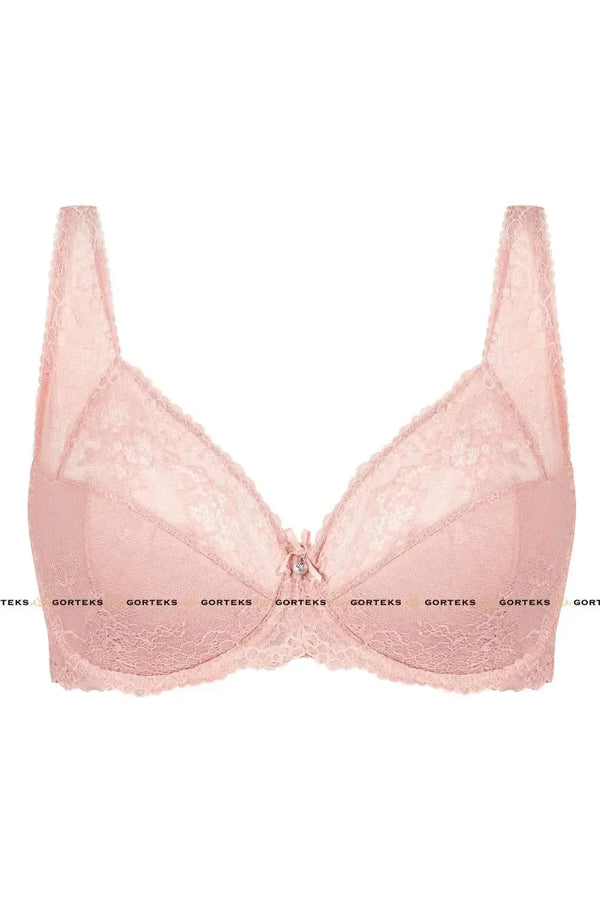 Sexy powder pink lace plunge bra B3 with floral pattern, ribbon bow, and shiny embellishment.