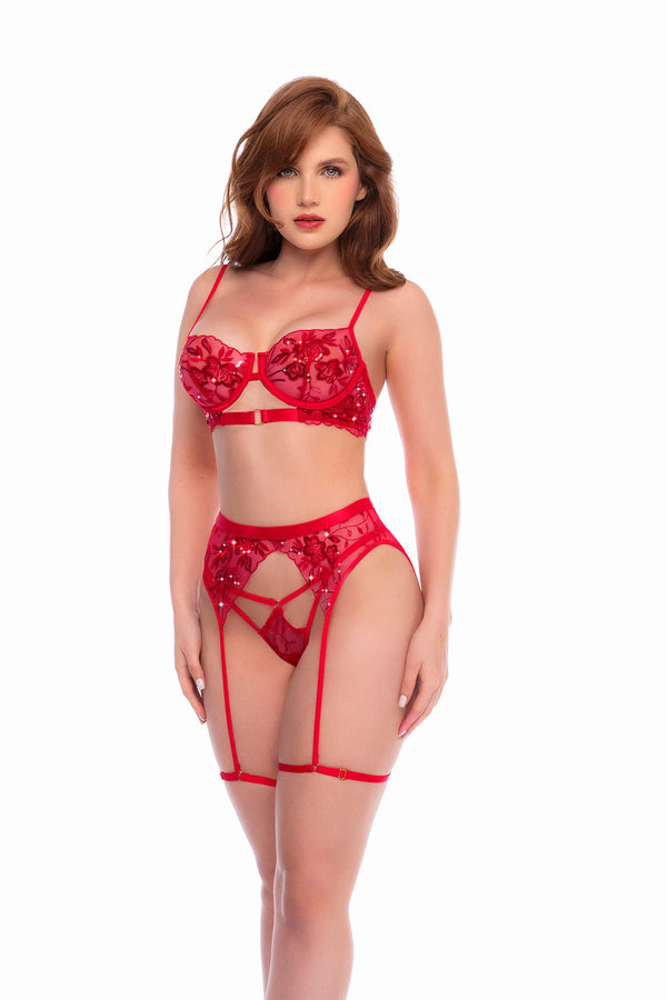 Scarlet Shimmer Sequin Bra, Thong & Garter Belt Set - Mapale