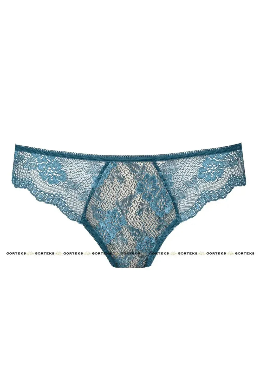 Charming sea blue lace thong panty with delicate floral pattern and breathable cotton crotch.