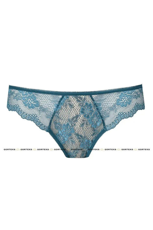 Charming sea blue lace thong panty with delicate floral pattern and breathable cotton crotch.
