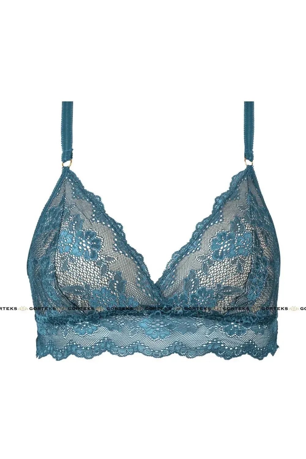 Charming Sea Blue lace triangle bralette with delicate floral pattern and extended bottom.