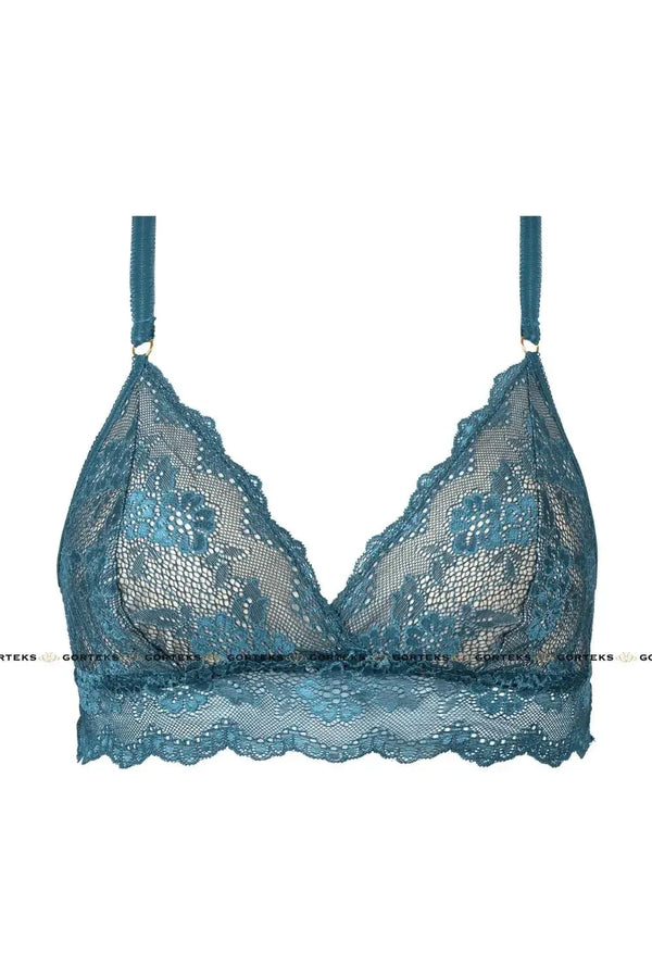 Charming Sea Blue lace triangle bralette with delicate floral pattern and extended bottom.